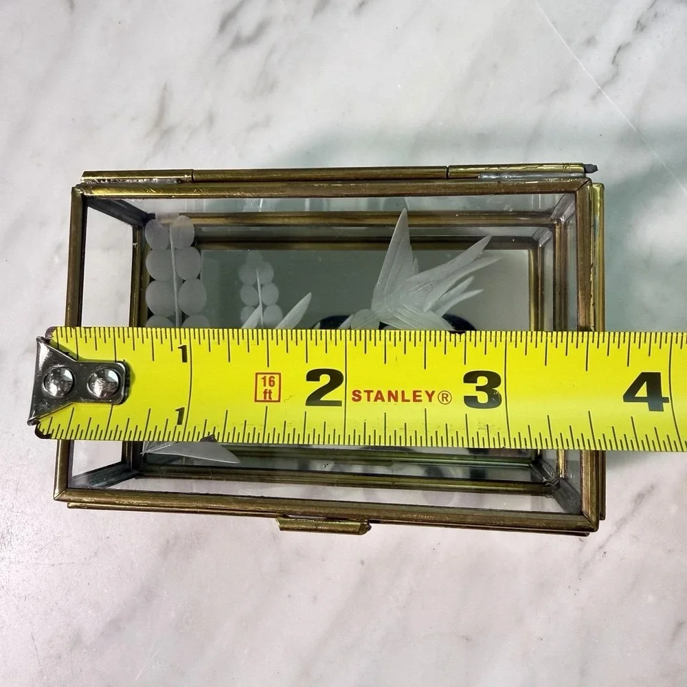 Vintage 80s Mexican Brass Etched Glass Swallow Trinket Box‎ Bird Vanity Mirror